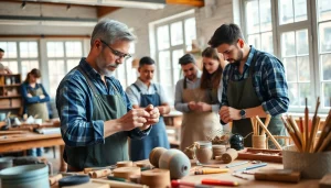 Engaged artisans practicing craft training programs in a hands-on workshop setting.