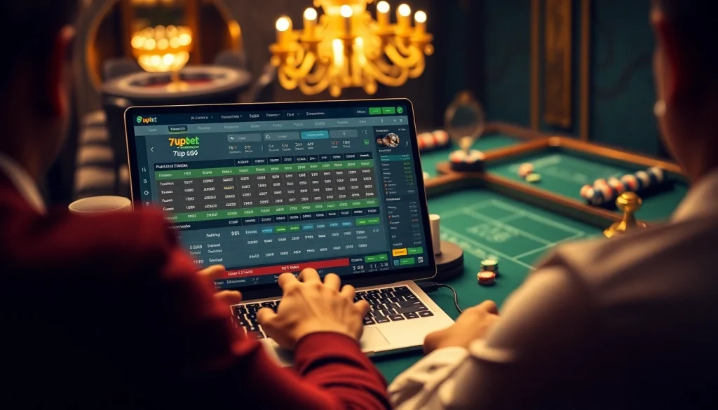 Players engaging in excitement while placing bets on 7upbet's platform with poker chips and betting slips.