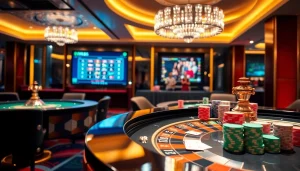 Players enjoying thrilling games at RR88 casino with vibrant roulette and poker tables.