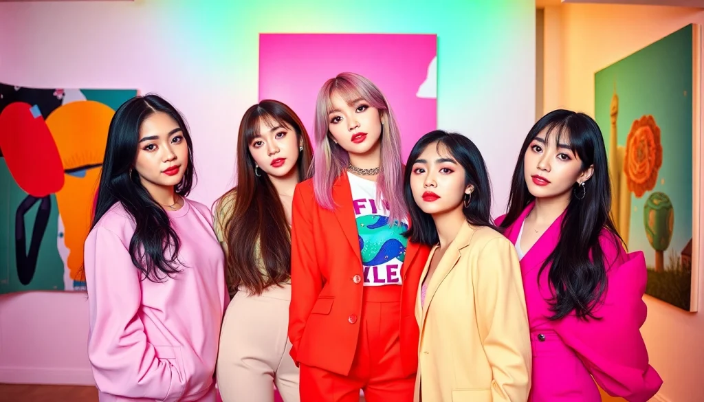 BLACKPINK members Jisoo, Jennie, Rosé, and Lisa posing together in a vibrant setting, showcasing their styles.