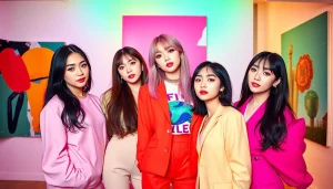 BLACKPINK members Jisoo, Jennie, Rosé, and Lisa posing together in a vibrant setting, showcasing their styles.