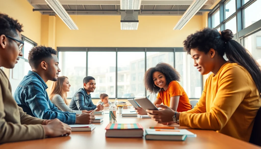 Education-focused collaborative learning environment with diverse students in a modern classroom.