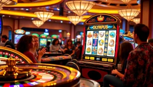 Engaging players at the Olympus 1000 slot machine in a vibrant casino scene.