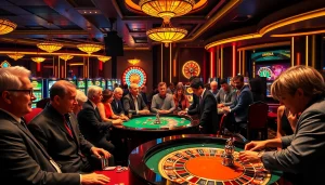 Gamblers enjoying thrilling games at situs seven77 casino, featuring lively slot machines and roulette tables.