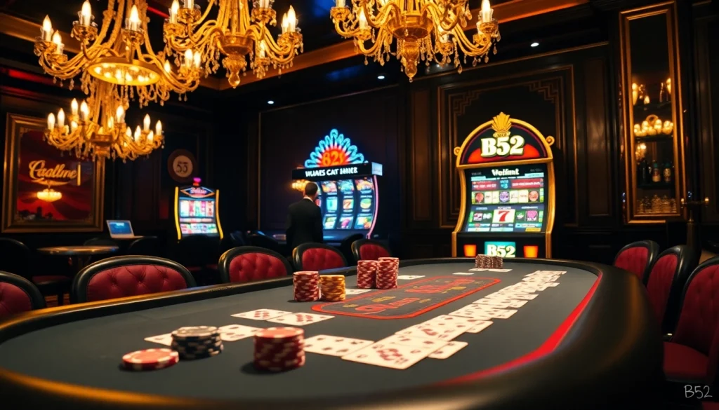 Players at a high-stakes poker table revel in the excitement of the b52 casino experience, with vibrant chips and cards.