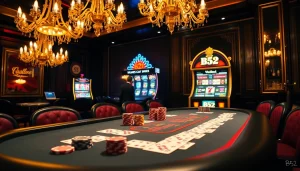 Players at a high-stakes poker table revel in the excitement of the b52 casino experience, with vibrant chips and cards.