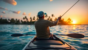 Angler practicing saltwater fly fishing from a kayak during a vibrant sunset.