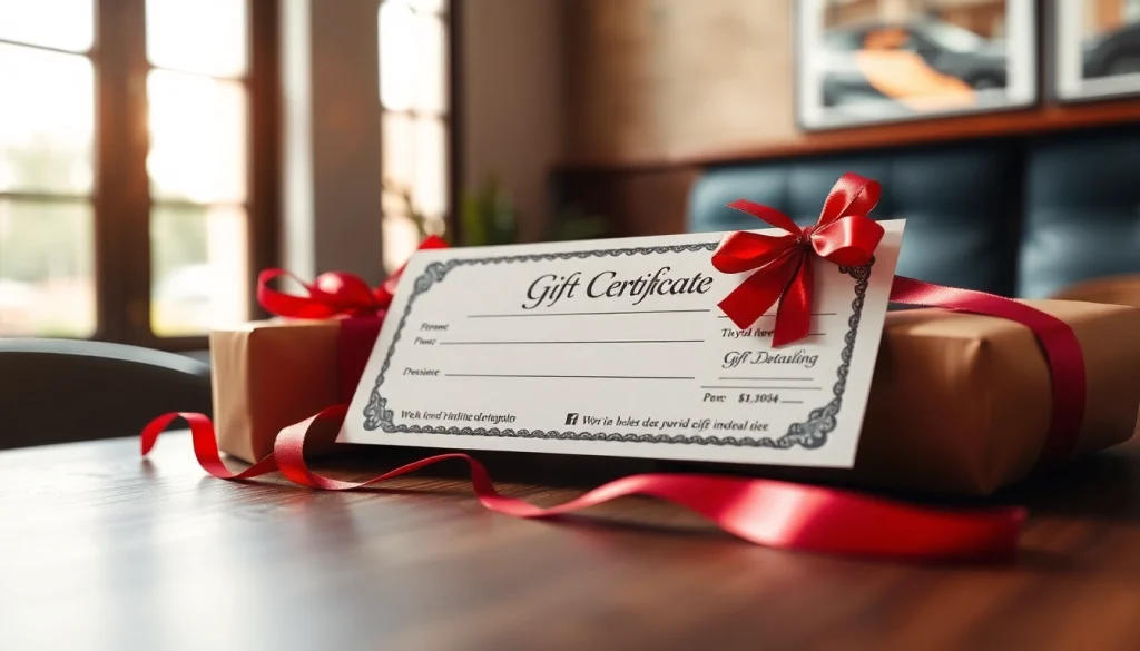 Present a car detailing gift certificate on a designed table, showcasing elegance and charm.