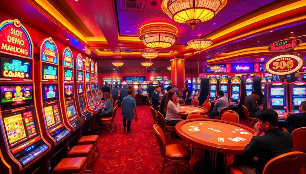 Engage in the thrilling slot demo mahjong experience at a vibrant casino, surrounded by colorful machines and excited players.