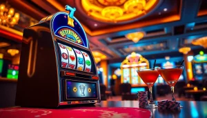 Menampilkan slot depo 1k dengan mesin slot tradisional yang berkilau di lingkungan kasino yang ramai.