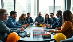 Engaged professionals discussing construction advocacy carolinas in a bright conference room.