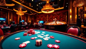 Experience the thrill of U88 at a vibrant casino table with colorful chips and cards.