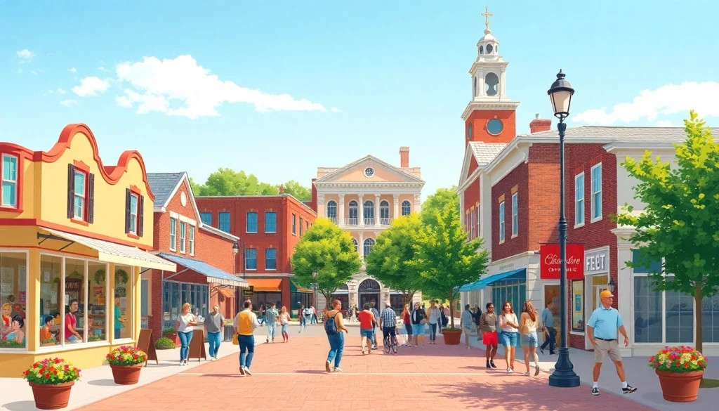 Clarksburg street scene showcasing local shops and community life in a vibrant atmosphere.