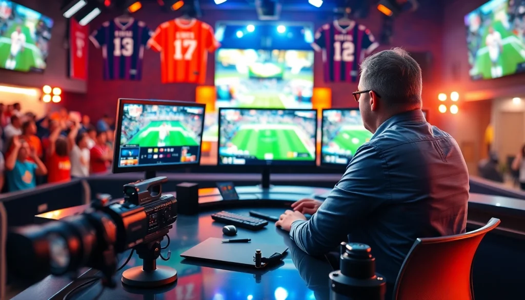 Sports Broadcasting setup with live events on screens and an announcer engaging viewers.