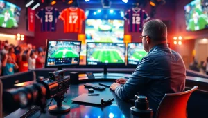 Sports Broadcasting setup with live events on screens and an announcer engaging viewers.