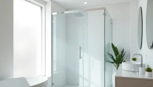 Sleek glass shower screen door set in a bright modern bathroom with elegant decor.