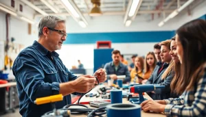 Students learning at an electrician trade school in Colorado, practicing wiring techniques with expert guidance.