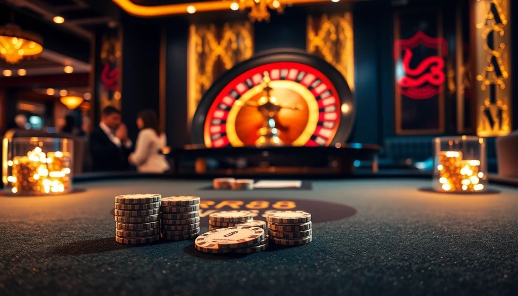 RR88 poker table highlighted with vibrant chips and cards during an exciting game.