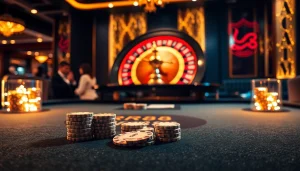 RR88 poker table highlighted with vibrant chips and cards during an exciting game.