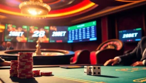High-stakes game scene with 28BET branding, poker chips, and roulette wheel excitement.