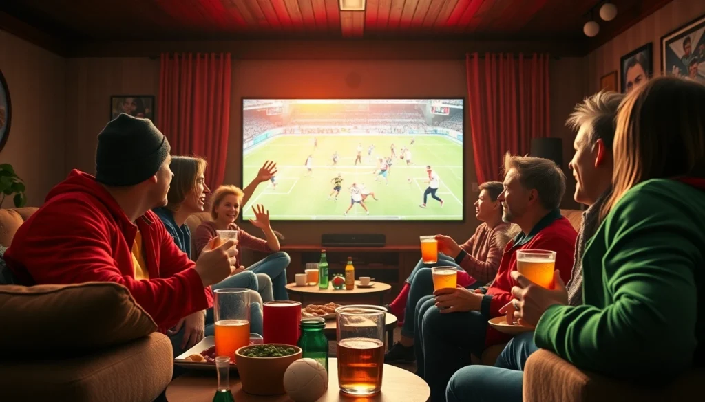 Enthusiastic fans enjoying a vibrant sports viewing atmosphere with 토토스토리 on display.