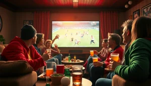 Enthusiastic fans enjoying a vibrant sports viewing atmosphere with 토토스토리 on display.