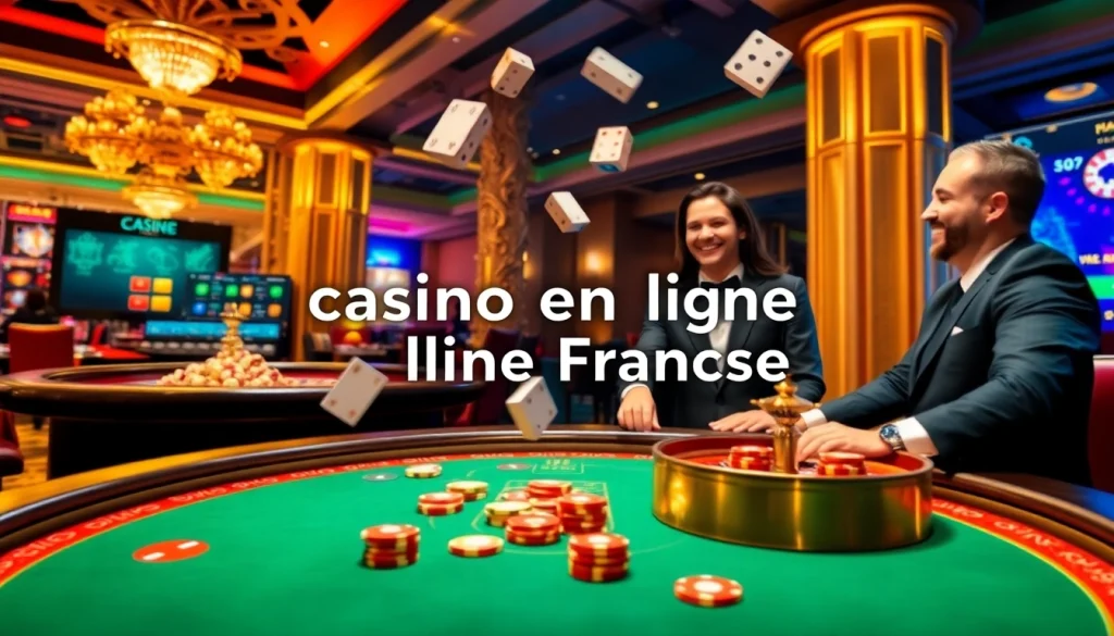 Scène excitante dans un casino en ligne Français avec des joueurs à une table de poker et des jeux vibrants.
