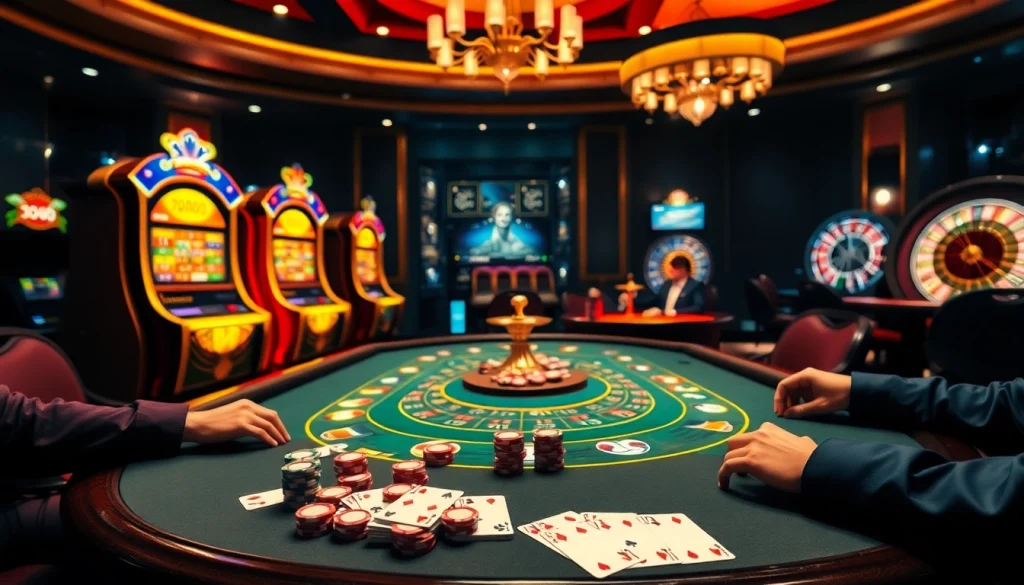 Découvrez le frisson du casino en ligne Français avec une table de poker élégante et des éléments de jeu vibrants.