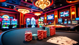 Action de poker dans un casino en ligne français avec des couleurs vives, des jetons et l'excitation de la roulette.