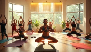 ホットヨガ おすすめのシーン 多様な参加者が温かいヨガスタジオでポーズを示し、静けさを表現しています。