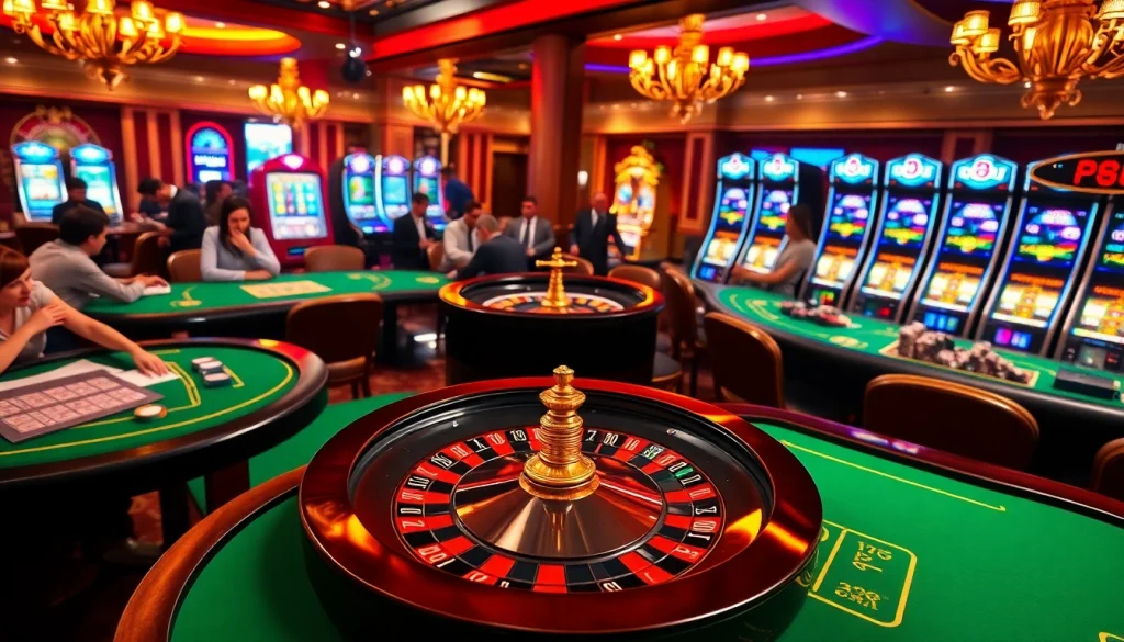 Expérience de jeu passionnante dans un luxueux casino en ligne Français avec des tables élégantes et des machines à sous vibrantes.