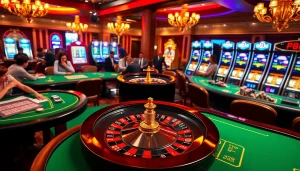 Expérience de jeu passionnante dans un luxueux casino en ligne Français avec des tables élégantes et des machines à sous vibrantes.