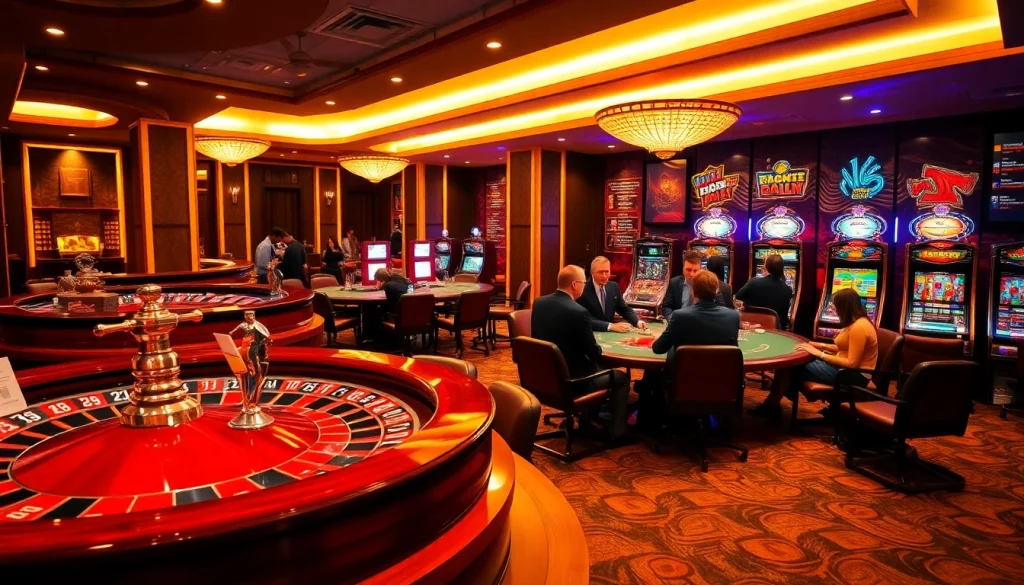 Ambiance excitante de casino en ligne Français avec des tables élégantes, une roue de roulette et des machines à sous vibrantes.
