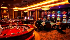 Ambiance excitante de casino en ligne Français avec des tables élégantes, une roue de roulette et des machines à sous vibrantes.