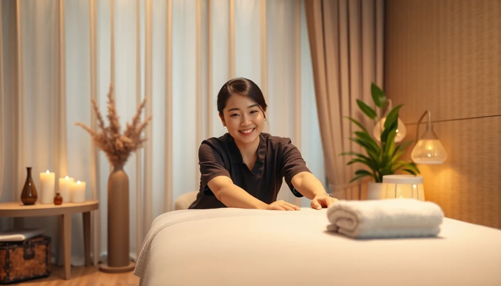 아늑한 호텔 객실에서 전문 테라피스트가 편안한 모바일 마사지 경험을 제공하는 모습.