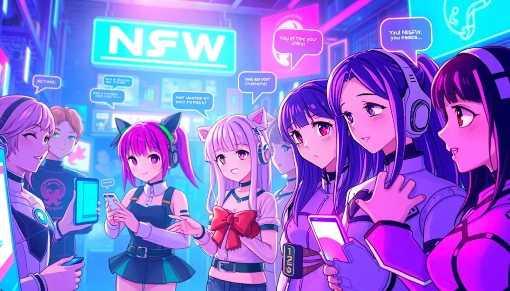 Engaging scene of diverse NSFW character AI in vibrant digital interactions
