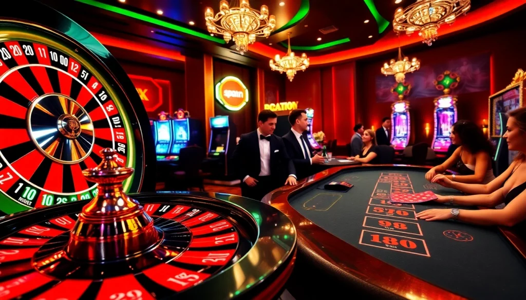 Une expérience de jeu captivante dans un casino en ligne français avec roulette, jetons de poker et joueurs engagés.