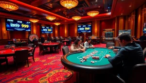 Gamblers placing bets on RR99 at a vibrant casino, with poker chips and a roulette wheel.