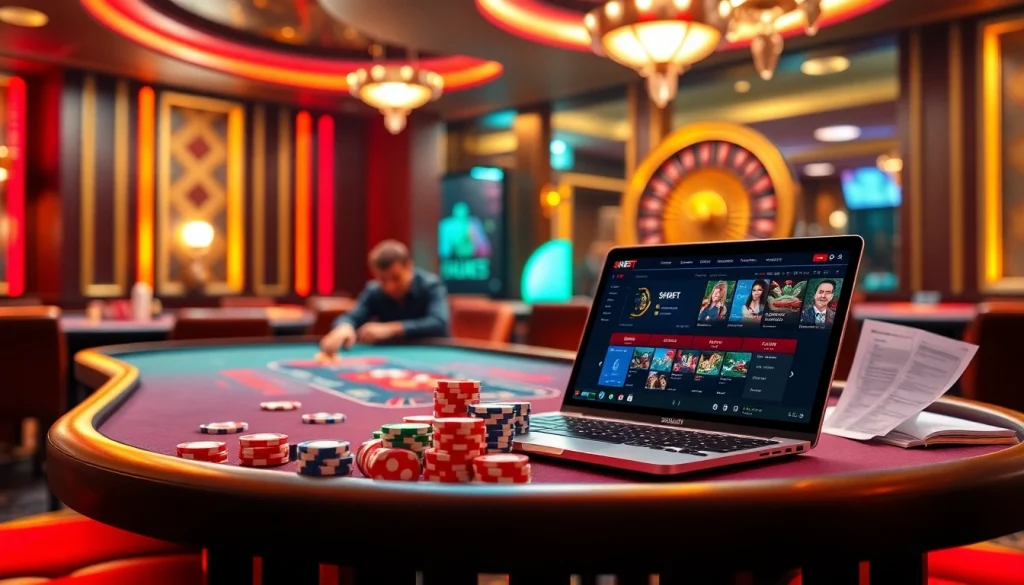 Exciting SHBET online casino scene with vibrant poker and roulette elements highlighting the thrill of gambling.