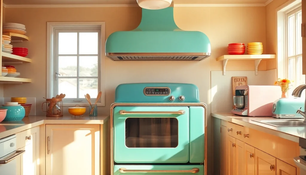 Showcasing a Retro Oven in a vibrant retro kitchen filled with nostalgic decor and warm colors.