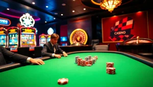 Des joueurs de poker élaborent des stratégies à une table luxueuse dans un casino en ligne Français, mettant en valeur des jetons vibrants et l'excitation du jeu.
