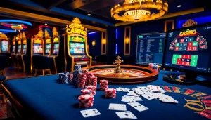 Vivez l'excitation du casino en ligne Français avec des jetons de poker vibrants et une roue de roulette.