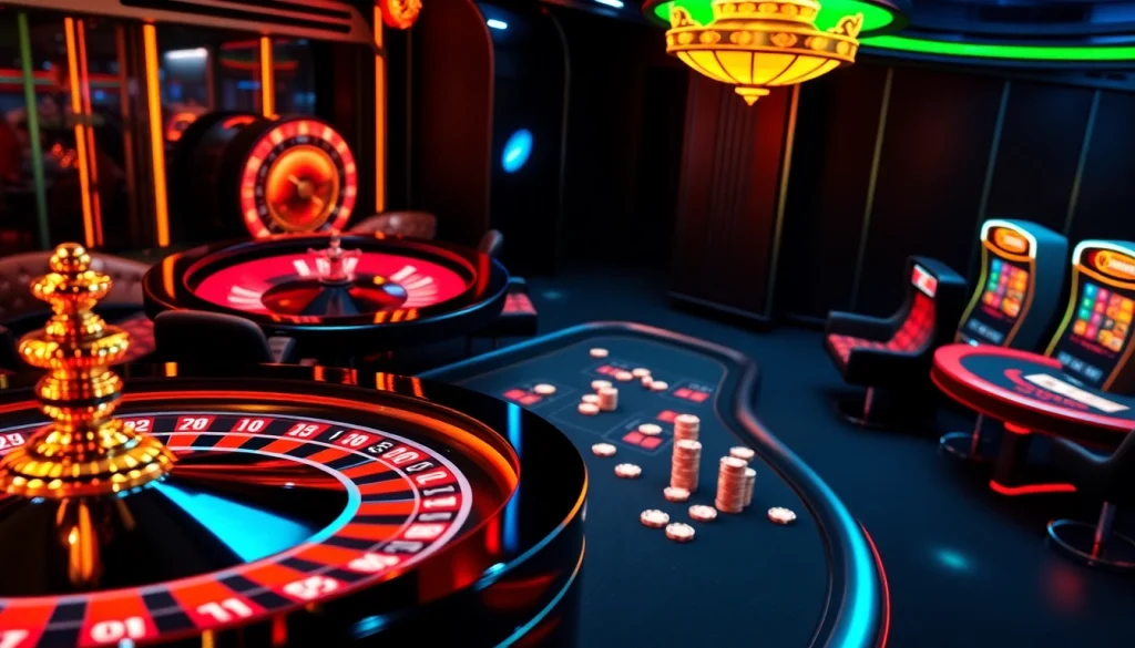 Scène engageante de casino en ligne Français présentant des machines à sous vibrantes et des tables de poker dans un cadre luxueux.