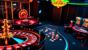 Scène engageante de casino en ligne Français présentant des machines à sous vibrantes et des tables de poker dans un cadre luxueux.