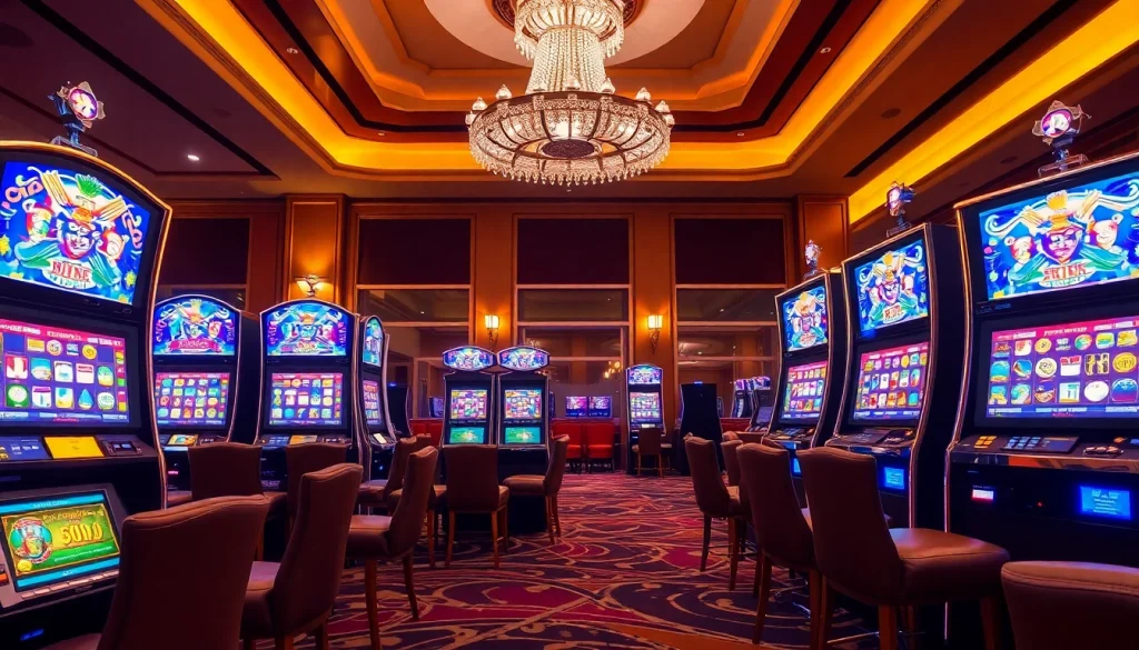 Login ke dewalive dalam suasana kasino yang elegan dengan mesin slot yang menarik.