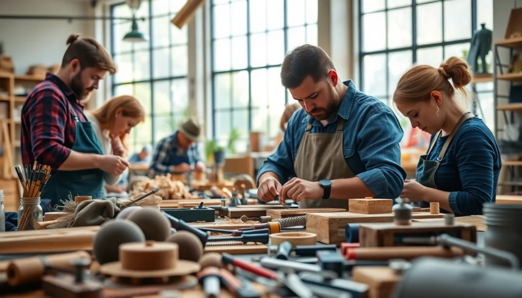 Crafters participating in craft training programs surrounded by tools and creative materials.
