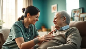 Assistive scene depicting at home health care services near me with a caregiver supporting an elderly person.