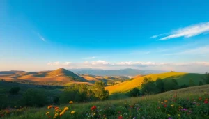 Showcasing breathtaking landscapes with lush greenery and colorful wildflowers under a blue sky.