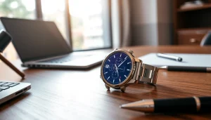 Examine the Finesse Smart Watch highlighting its design features on a stylish wooden desk.