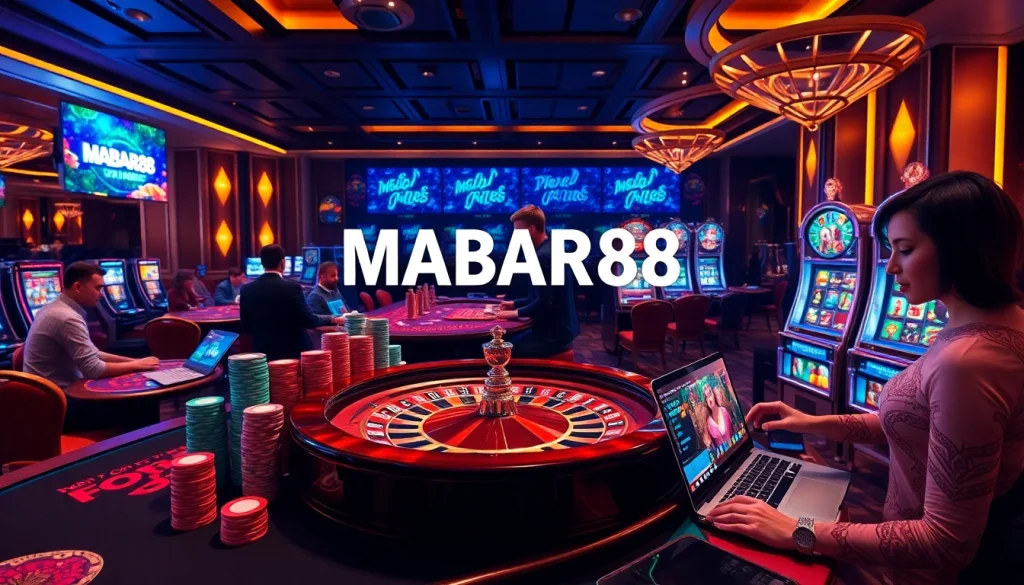 Pemain MABAR88 menikmati permainan kasino yang mendebarkan dengan mesin slot berwarna-warni dan chip poker.